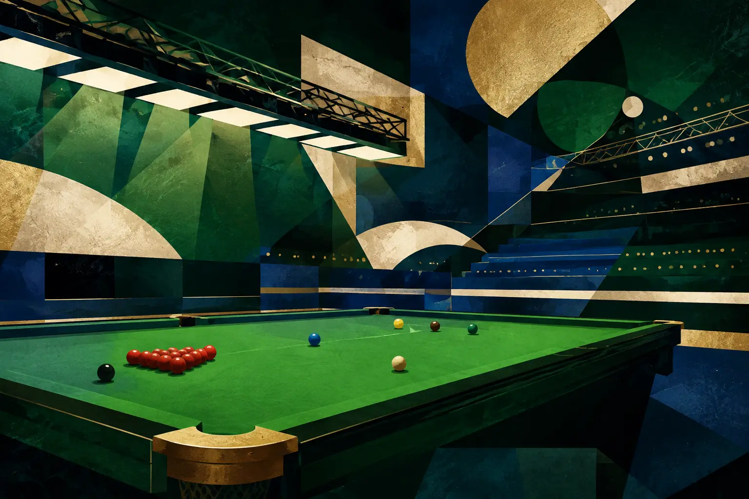 Abstract interpretation of a lit snooker arena and table.